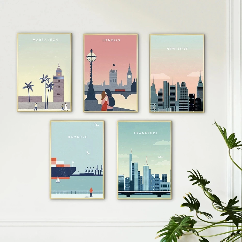 

Travel City Canvas Art Painting New York Hamburg Frankfurt London Vintage Landscape Posters Wall Picture for Living Room Decor