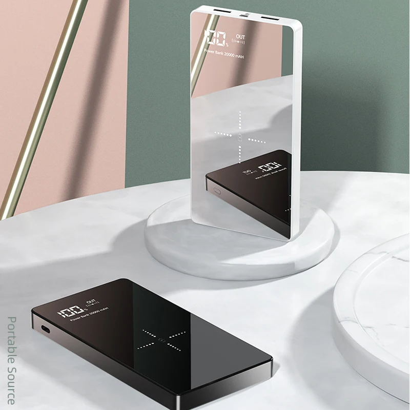 

20000mAh Power Bank Qi Wireless Charger Mirror Screen Powerbank 2.1A Fast Charger for iPhone 12 11 Samsung S21 Xiaomi Poverbank