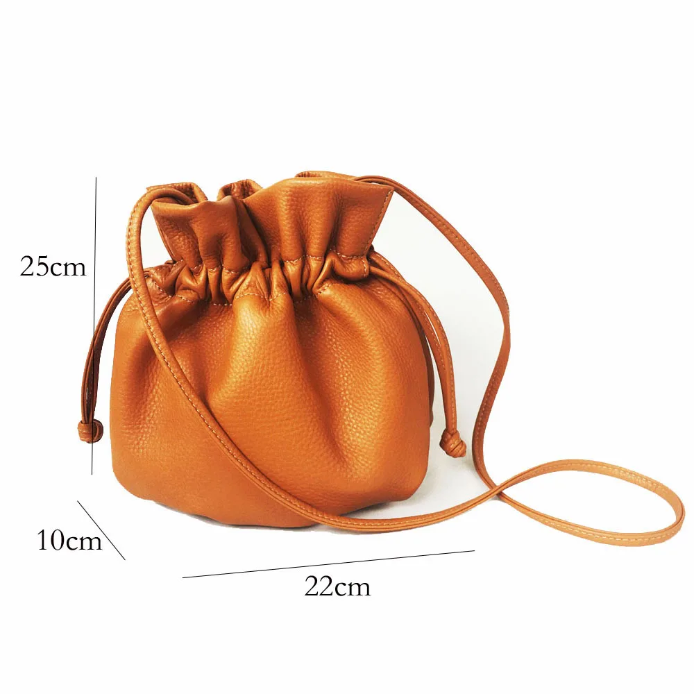 

Women Small Cow Leather Pouch Bag Female Classical Soft Genuine Leather Bohemian Boho Drawstring Bucket Handbag Messenger Bag