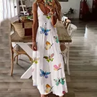 Платье женское длинное с принтом бабочек, V-образным вырезом, без рукавов