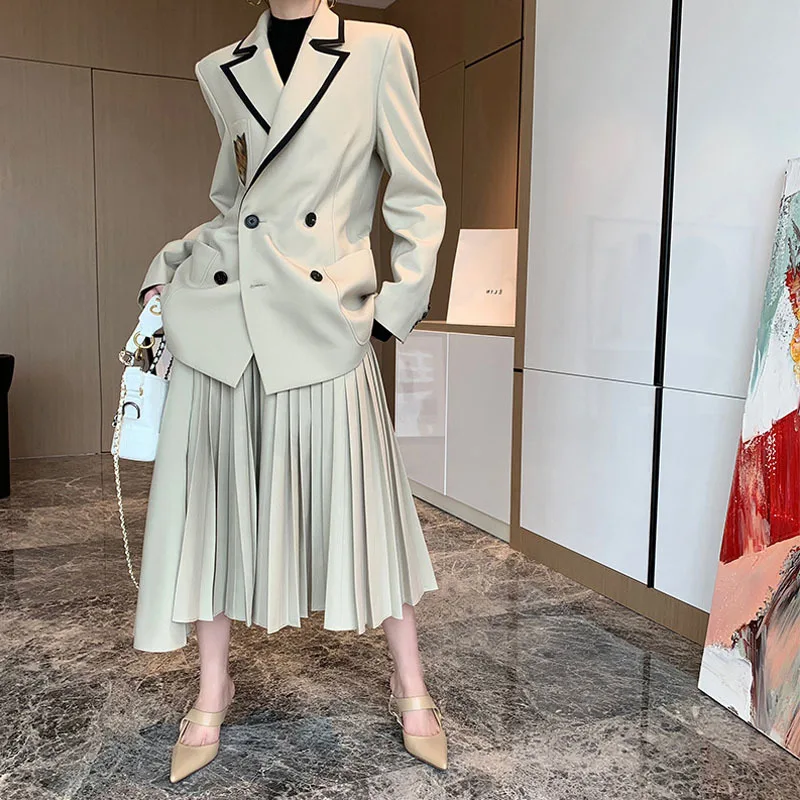 

High quality Minimalist 2021 Spring Autumn New Fashion Temperament Suit female blazer + Pleated skirt Two-piece sets