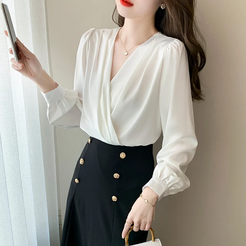 

Chiffon Women's Blouse Silk Casual Girl's Shirt V-neck Fashion Top Spring Autumn New Solid Clothing Lady Blusas Houthion