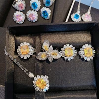 luxury stone crystal earrings silver color jewelry sets for women fashion yellow zirconia bling rings necklace jewelry