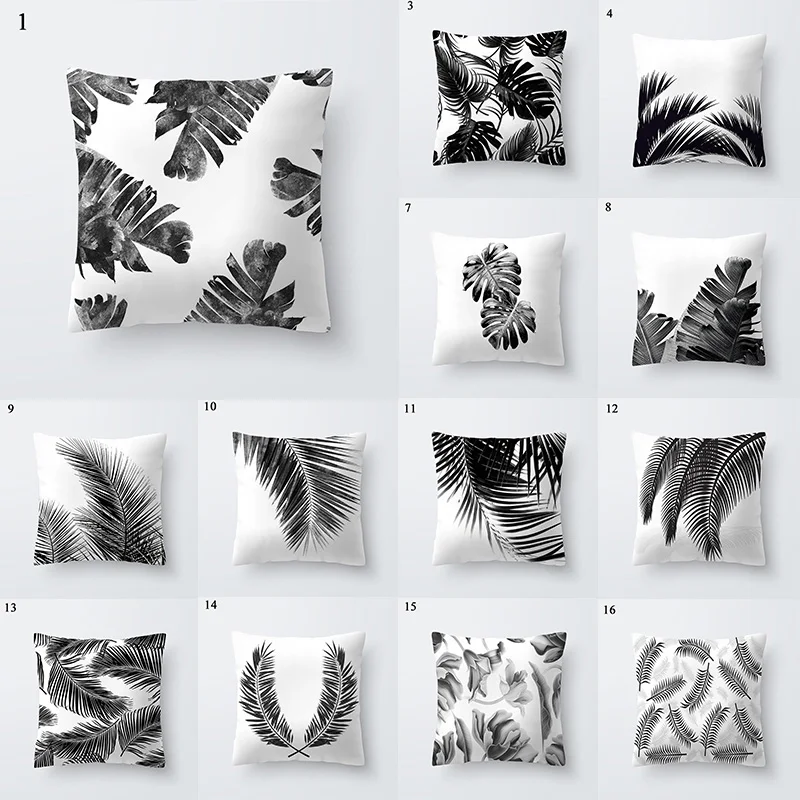 

Decorative Pillow Case 45*45cm Polyester Cushion Cover Home Decoration Car Sofa Pillow Cover Black White Plant Leaves Pillowslip