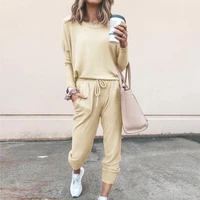 2021 new drop shipping women autumn winter loungewear solid color round neck home clothes female pajama set