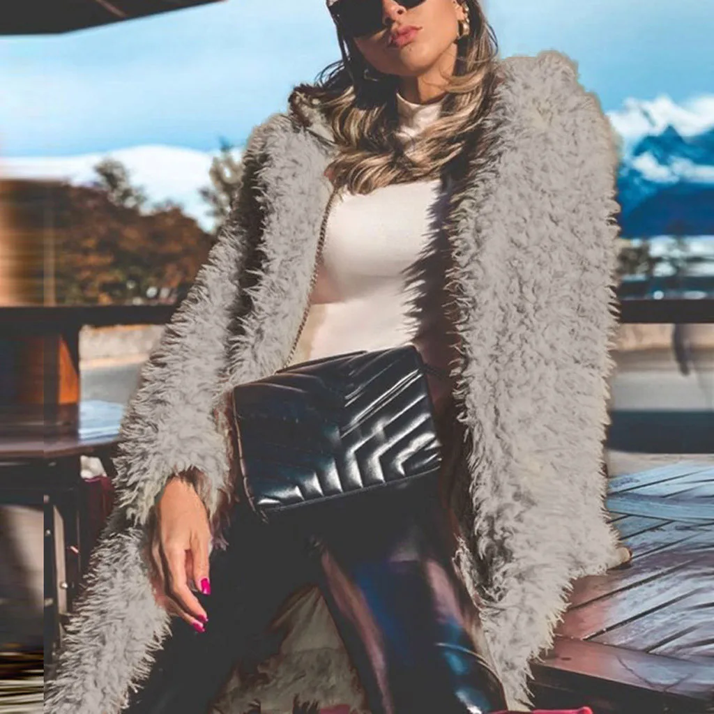 Faux Fur Coat Plus Size Women Autumn Winter Fluffy Plush Coat Solid Lapel Long Sleeve Cardigan Coat Warm Soft Outwear