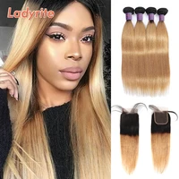 brazilian human hair bundles with closure straight 34 bundles with 4x4 lace closure for women honey blonde remy hair ladyrite