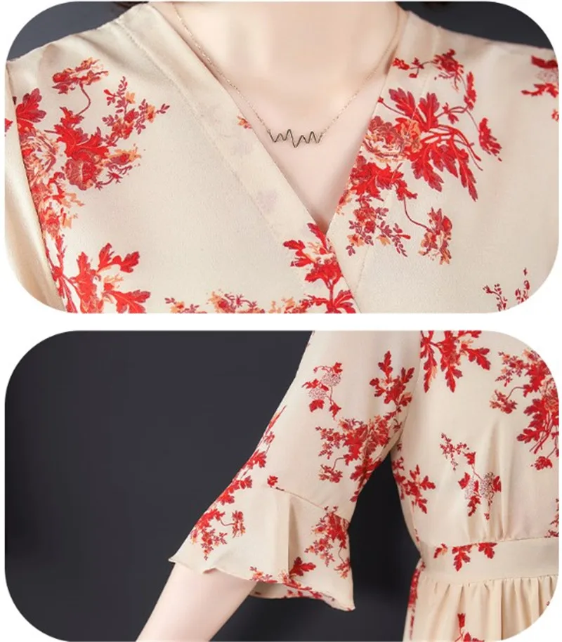 

dress for women long summer 2020 new mid sleeved dress ladies fashion Printed V-neck imitation silk spring over the knee Autumn