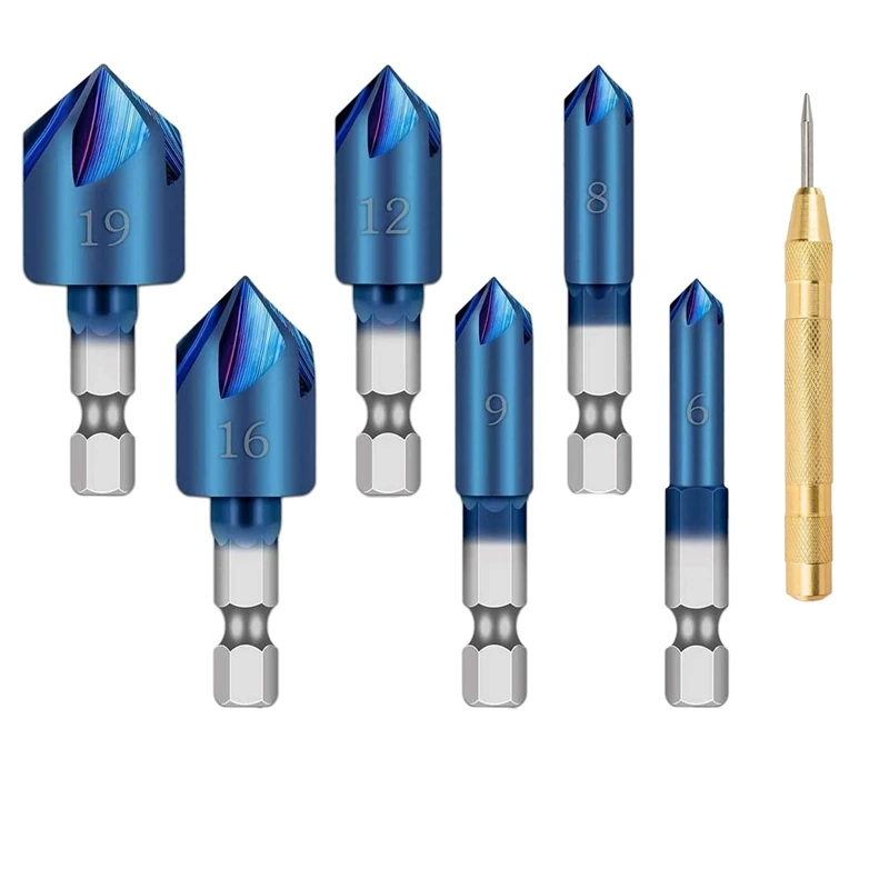 

6Pc 1/4Inch Hex Shank HSS Counter Sink Drill Bit 90 Degree 5 Flute Nano Blue Coated Chamfer Tool Woodworking Drill Bits