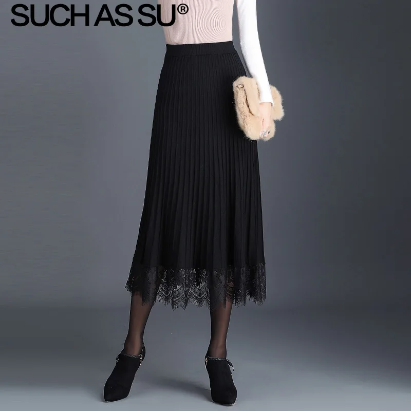 Новая Вязаная Женская юбка 2019 черная серая кофейная Осенняя зимняя кружевная