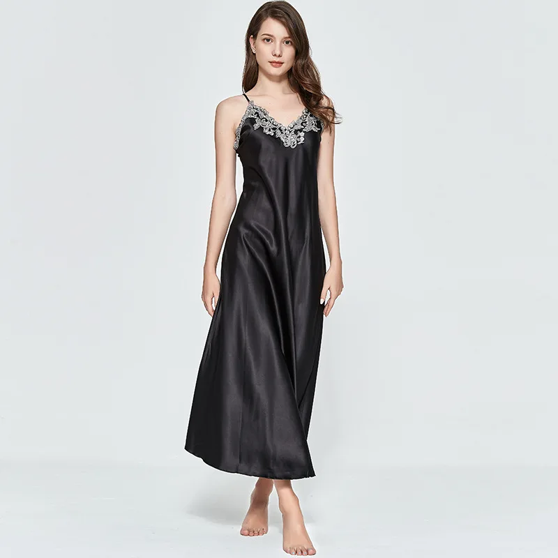 

Nightdress female summer simulation silk nightdress ice silk Burgundy black pink wedding Home sexy lace backless long dress
