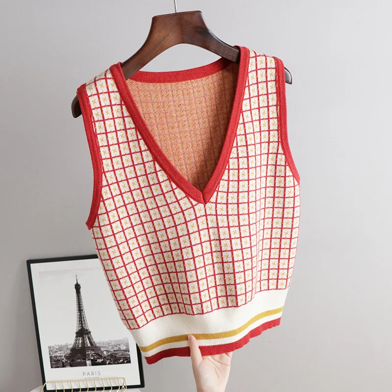 Women Winter Sweater Vest Causal Plaid Ladies V-neck Knitted Pullover Vest Sweater Female Loose Retro Outwear