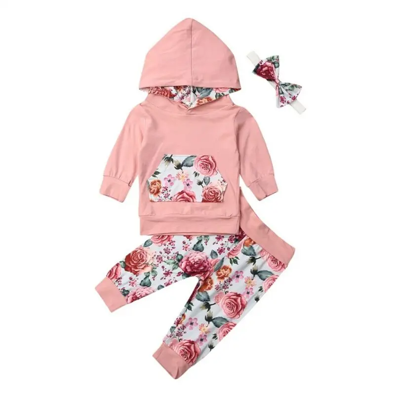 

0-24M Baby Floral Hooded Clothes Set Toddler Newborn Babies Girl Flowerl Outfits Hoodie Tops Shirt Pants Tracksuit