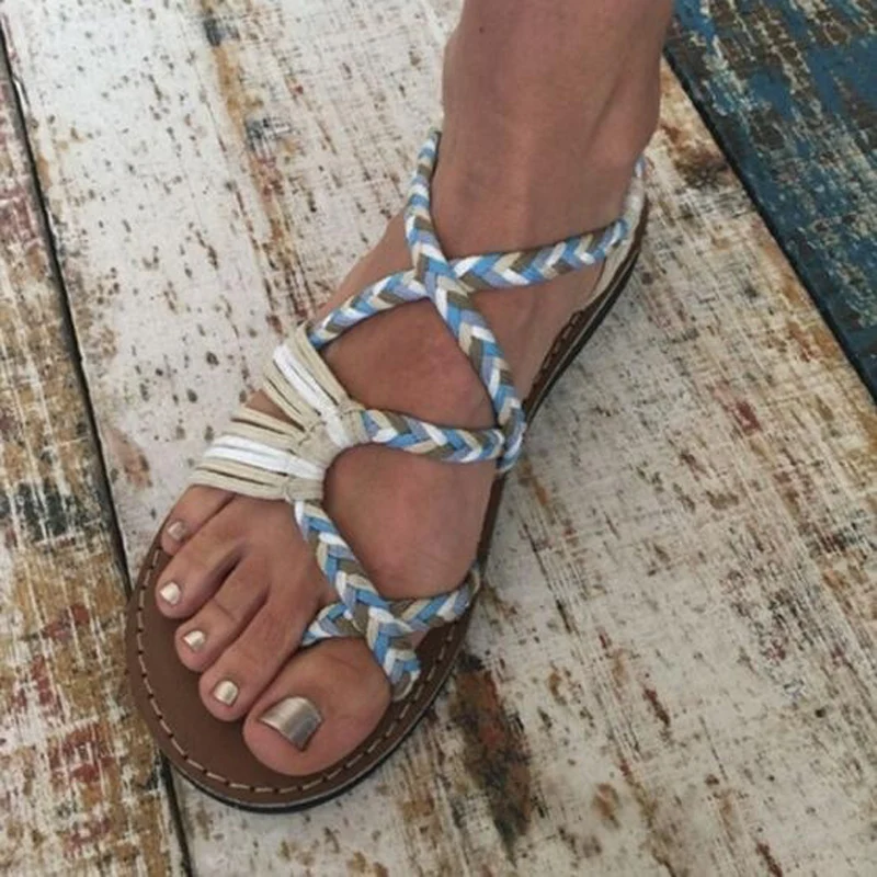 

2020 Roman Summer Sandals Explosion Color Matching Rope Knot Beach Toe Sandals Women Plus Size 35-43