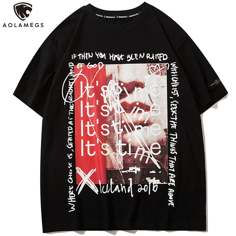 

Aolamegs T-shirt Men Lips Illustration Letter Graffiti Streetwear Oversized Hipster Fashion Hip Hop Tee Tops Summer Men Clothing