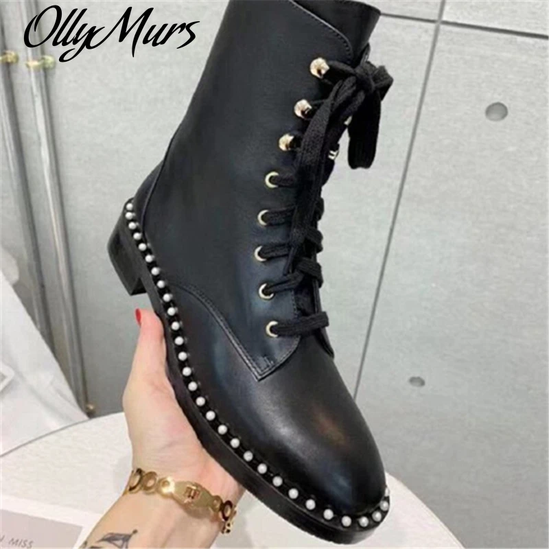 

Ollymurs Women Lace-up boots Martin boots Knight boots Rivet ankle shoes Genuine Leather shoes Autumn Winter Round toe shoes