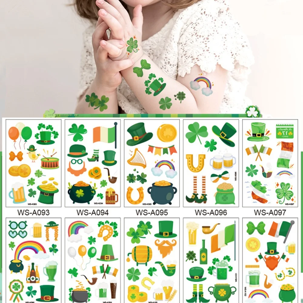 

10 Kinds St. Patrick's Day Tattoos Disposable Cartoon Green Shamrock Hat Clover Waterproof Body Stickers Temporary Face Makeup
