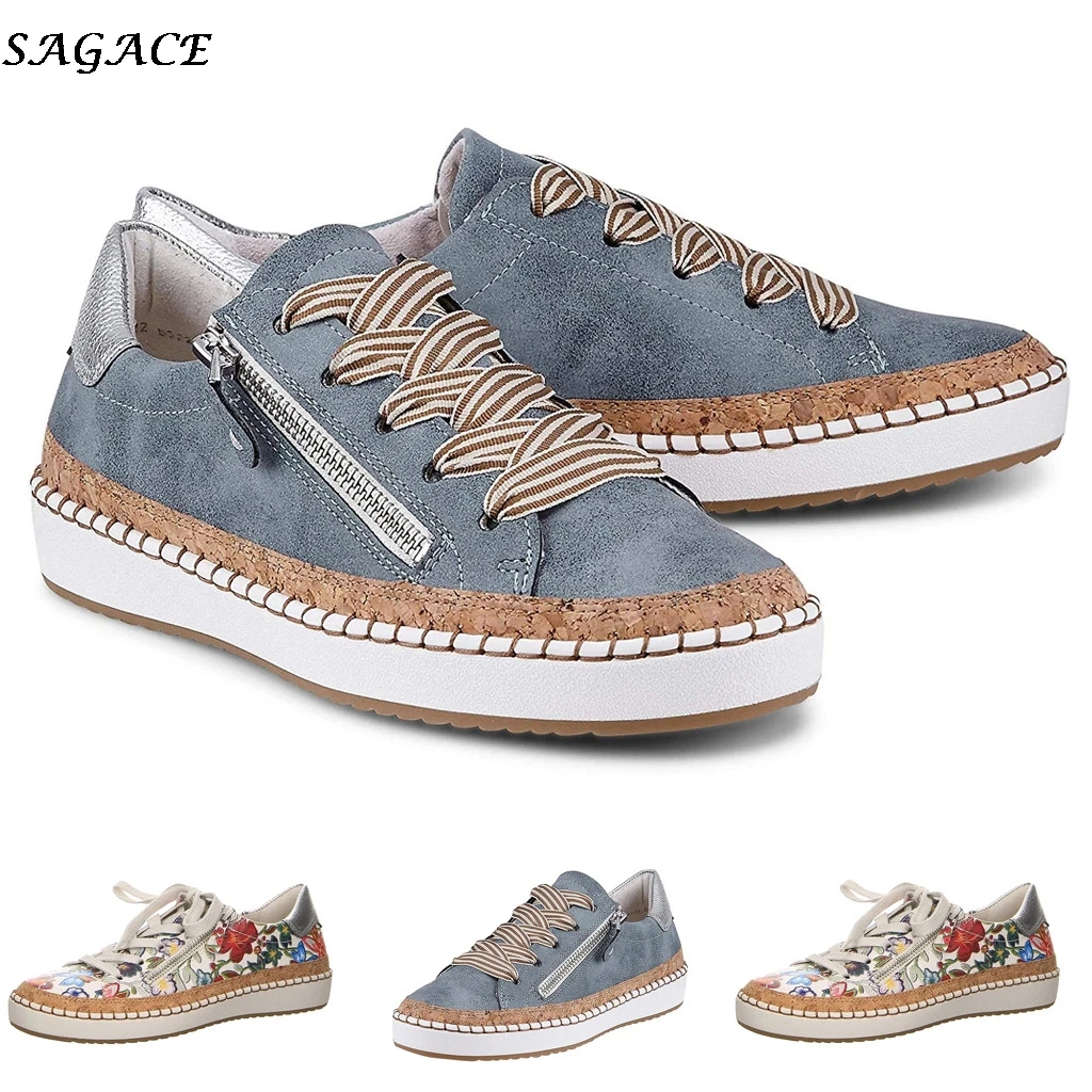 

SAGACE 2019 autumn Women Sneakers Fashion printing Breathble Vulcanized Shoes Female Pu flat shoes woman Lace up casual sneakers