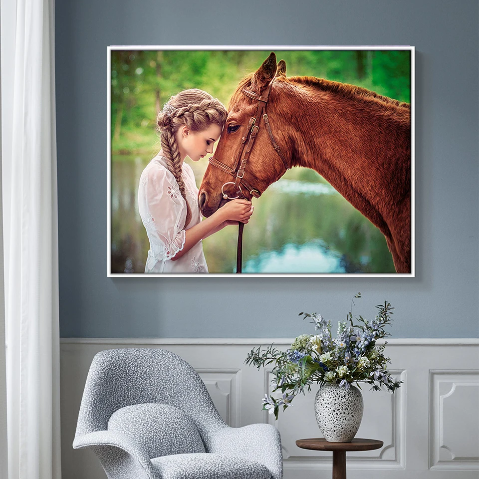 Полноразмерная 5D алмазная живопись сделай сам Лошадь и девушка 3D круглая Декор