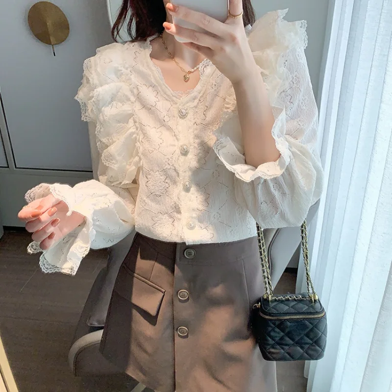 

Korean V-neck Blouse Autumn Winter Long-sleeved Ruffled Elegant Women's Shirt Tops Fashion Lace Blouses For Woman