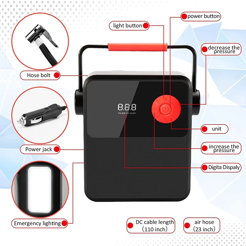 

Tire Inflator Air Compressor, 12V Tire Pump with Digital Display, Air Pump with LED Lighting for Car Bicycle Inflatables