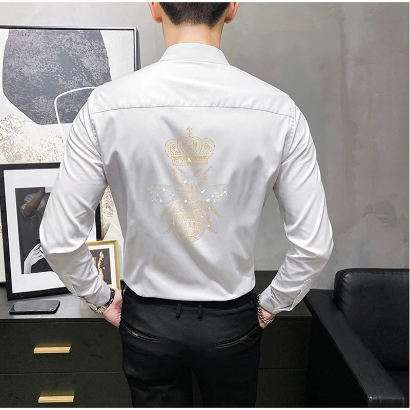 Hot Diamond Bee Men's T-Shirt Button Long Sleeve Delicate White Lapel Design Homme Blouse Spring Black Slim Casual Top