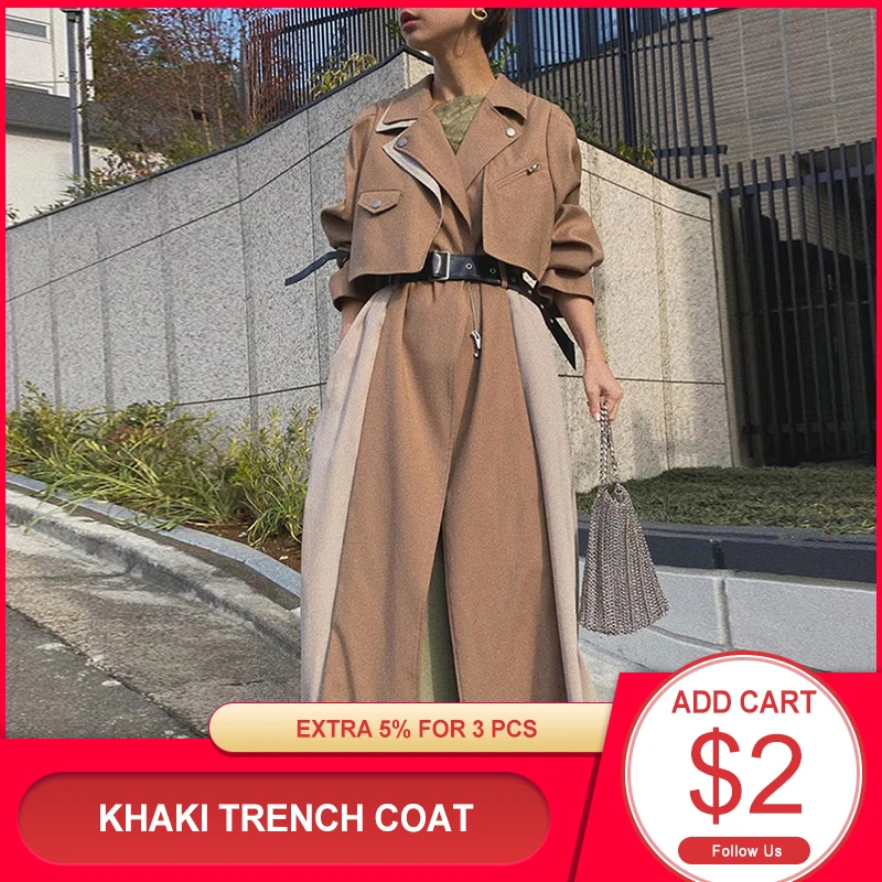 Осенний длинный Тренч цвета хаки для женщин Корейская японская ветровка модная