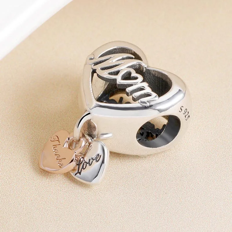 Оригинальный подвесной бусинный сердечный кулон "Спасибо, мама" с открытым рисунком розы, подходит для браслета-браслета из стерлингового серебра 925 пробы, европейского стиля, украшений Diy.