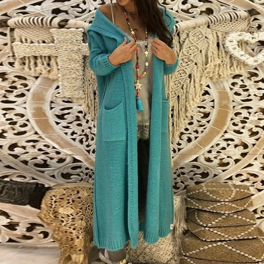 Женский длинный вязаный кардиган свитер с двойными карманами и капюшоном