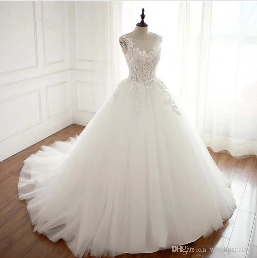 

Ball Gown Tulle Wedding Dresses 2021 With Lace Bodice Sheer Neck Long Bridal Dresses Corset Back Formal Bridal Gown Plus Size