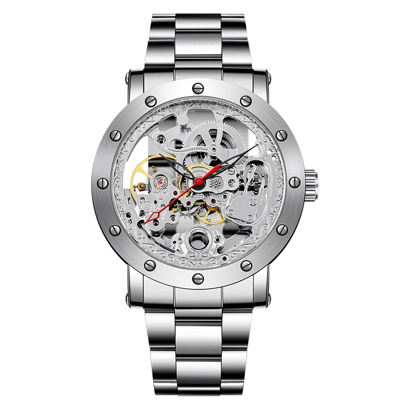 

Fashion FORSINING Men Mechanical Watches Automatic Self-Wind Golden Transparent Mesh Steel Wristwatch Skeleton Man Male Clock
