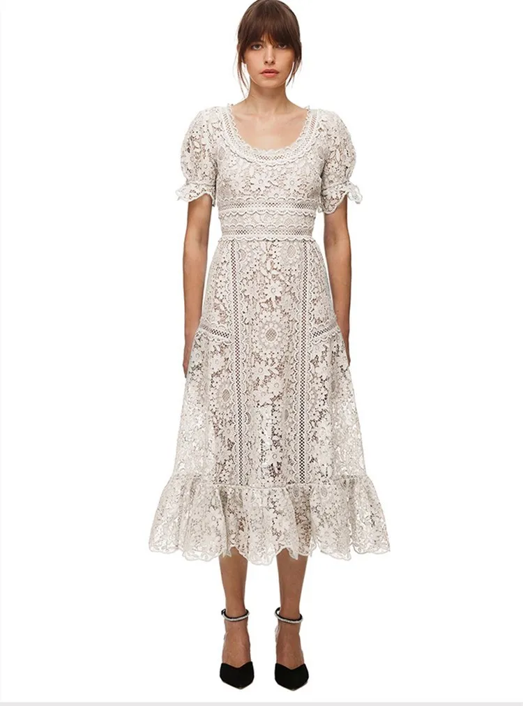 Женское модельное платье Автопортрет длинный белый ажурный сарафан с