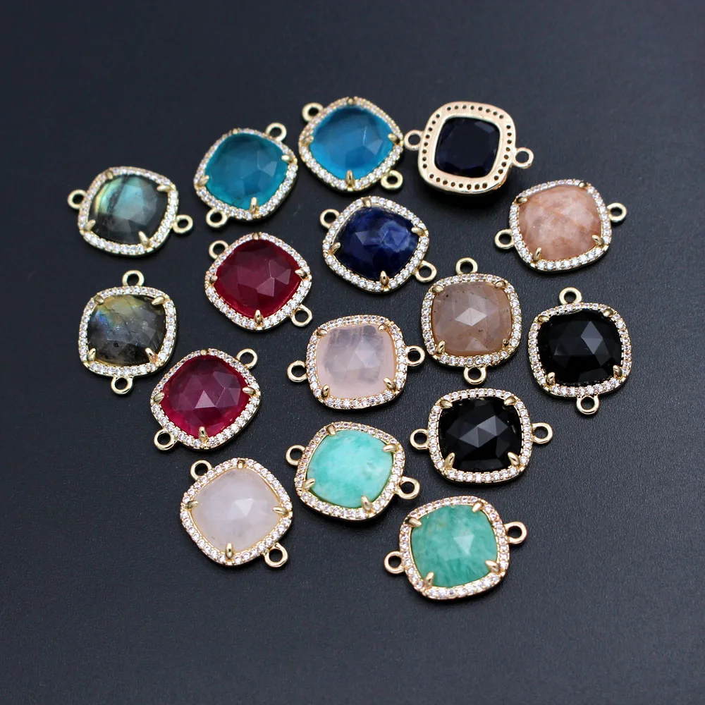10pcs Square Natural Blue Red Stone Pendant Charms Connector CZ Paved For Necklace Bracelet Earrings Jewelry Making DIY