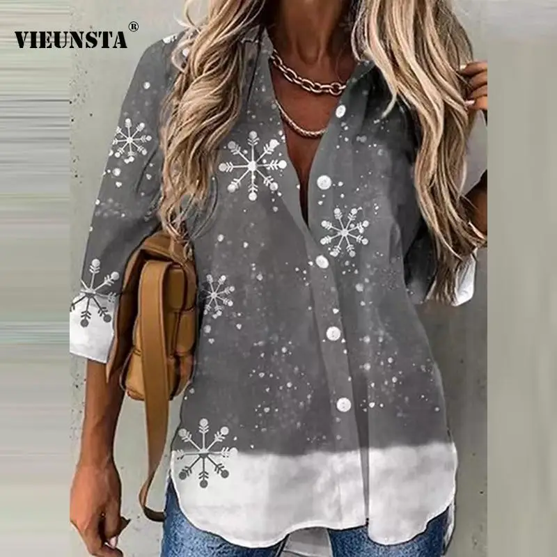 

Christmas Snowflake Print Blouse Shirts Women Elegant Turn-down Collar Button Office Tops Spring Autumn Long Sleeve Blouse Mujer
