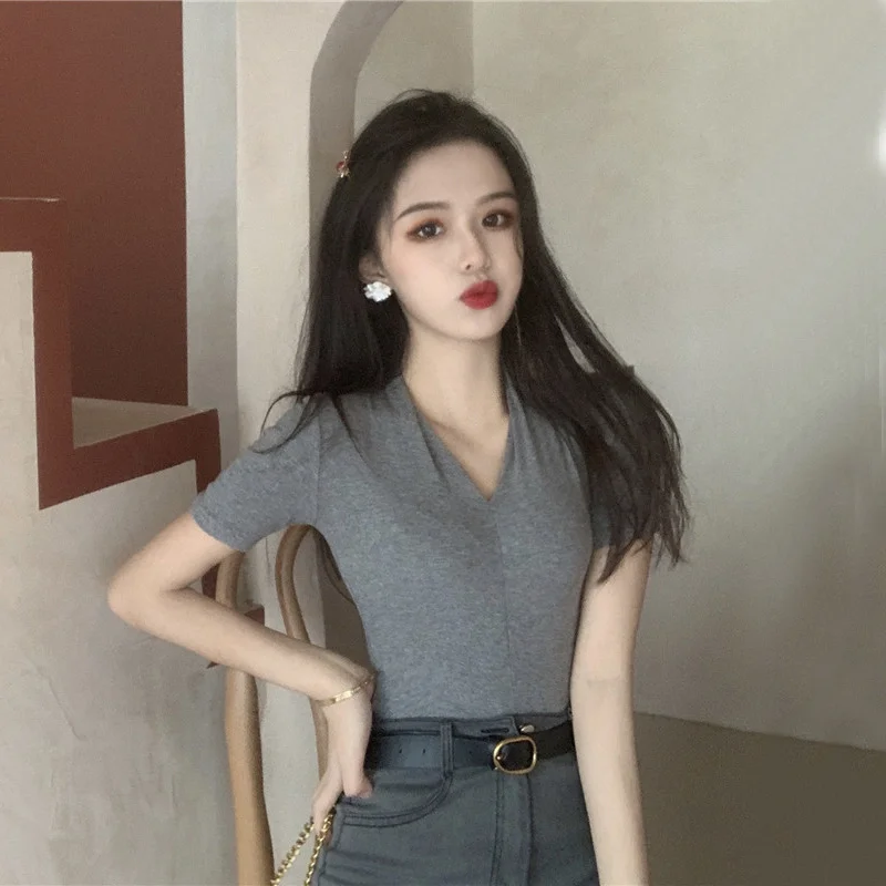 Женская футболка с коротким рукавом лето 2021 шикарная Однотонная рубашка в