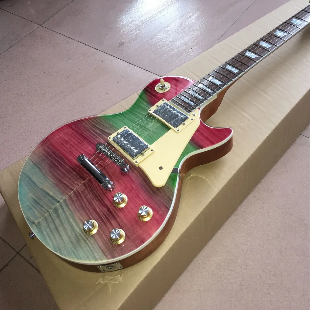 

New standard electric guitar.Rainbow colors Tiger Flame top gitaar,mahogany body guitarra,real photos