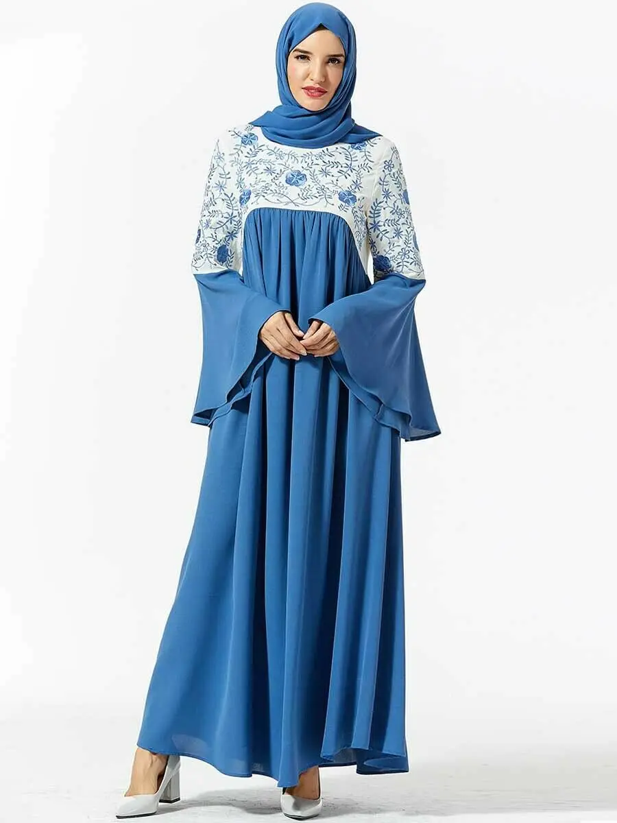 Рамадан мусульманская вышивка Абая с расклешенными рукавами макси платье для