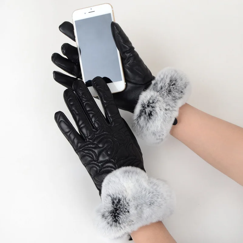 2019 модные перчатки из овчины с сенсорным экраном женские зимние кожаные плюс