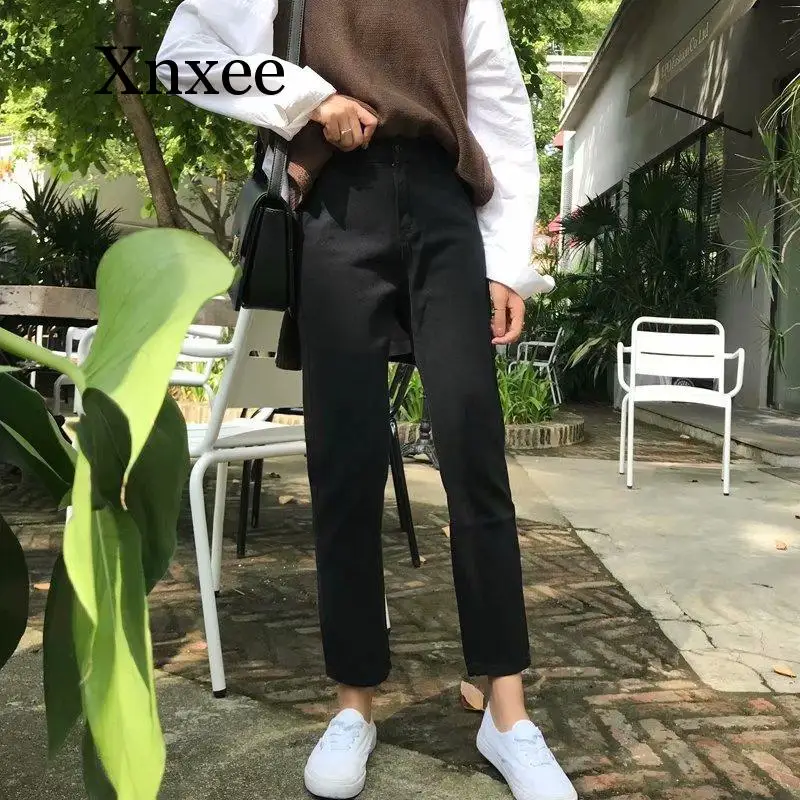 Женские черные джинсы с высокой талией однотонные универсальные уличные женские