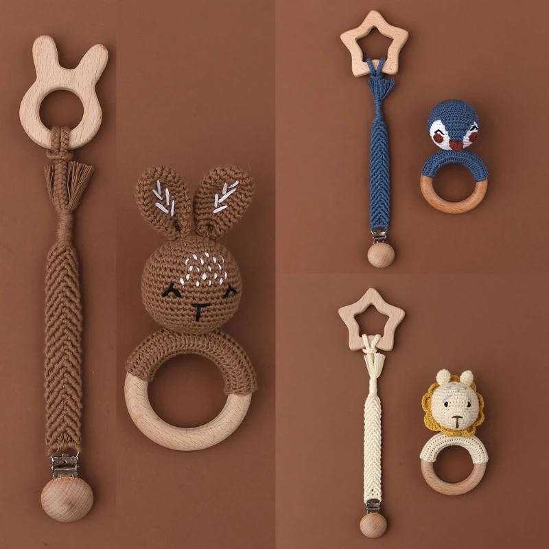 

3 Pcs Infants Shower Gift Baby Pacifier Chain Clip Beech Teether Wooden Teething Ring Newborn Crochet Animal Rattle