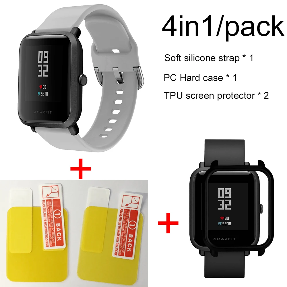 4в1 силиконовый ремешок спортивный браслет чехол для Xiaomi Huami Amazfit Bip BIT умные часы аксессуары - Цвет: Gray-Black case