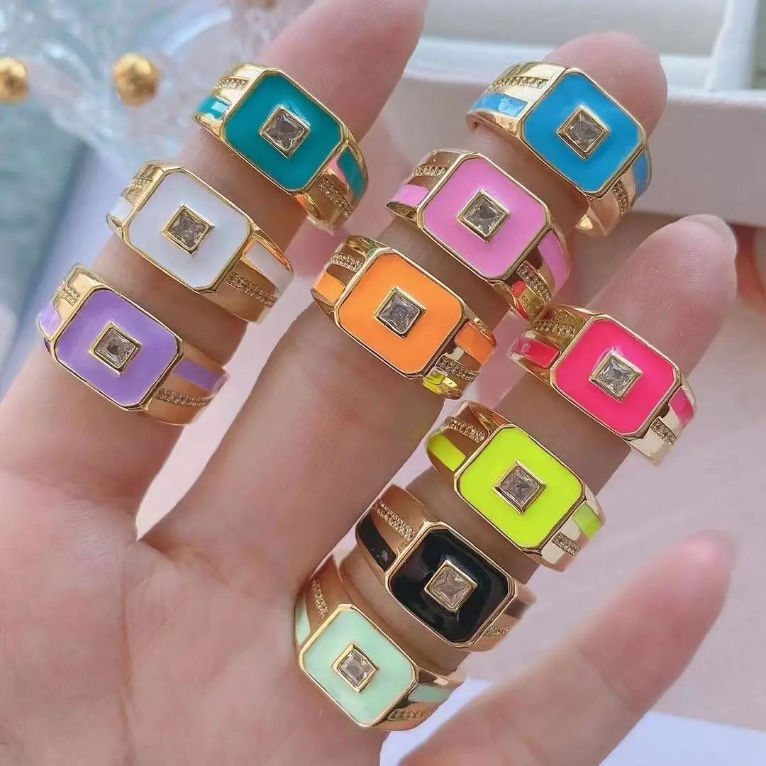 

5PCS, 2021 Enamel Open Adjusted Finger Ring Candy Colorful Neon Rings For Women Fashion Copper Zircon Micro Pave Jewelry