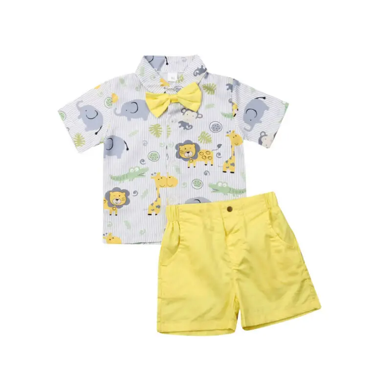 Fashion Kids Baby Boy Summer Suit Wedding Party Bowtie Gentleman Cartoon Print Shirt Shorts Pant Outfits 1-6Y | Детская одежда и