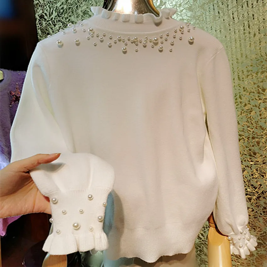 

Gorgeous Heavy Industry Beaded Princess sweater women autumn winter Lace Ruffle Base Loose pullovers