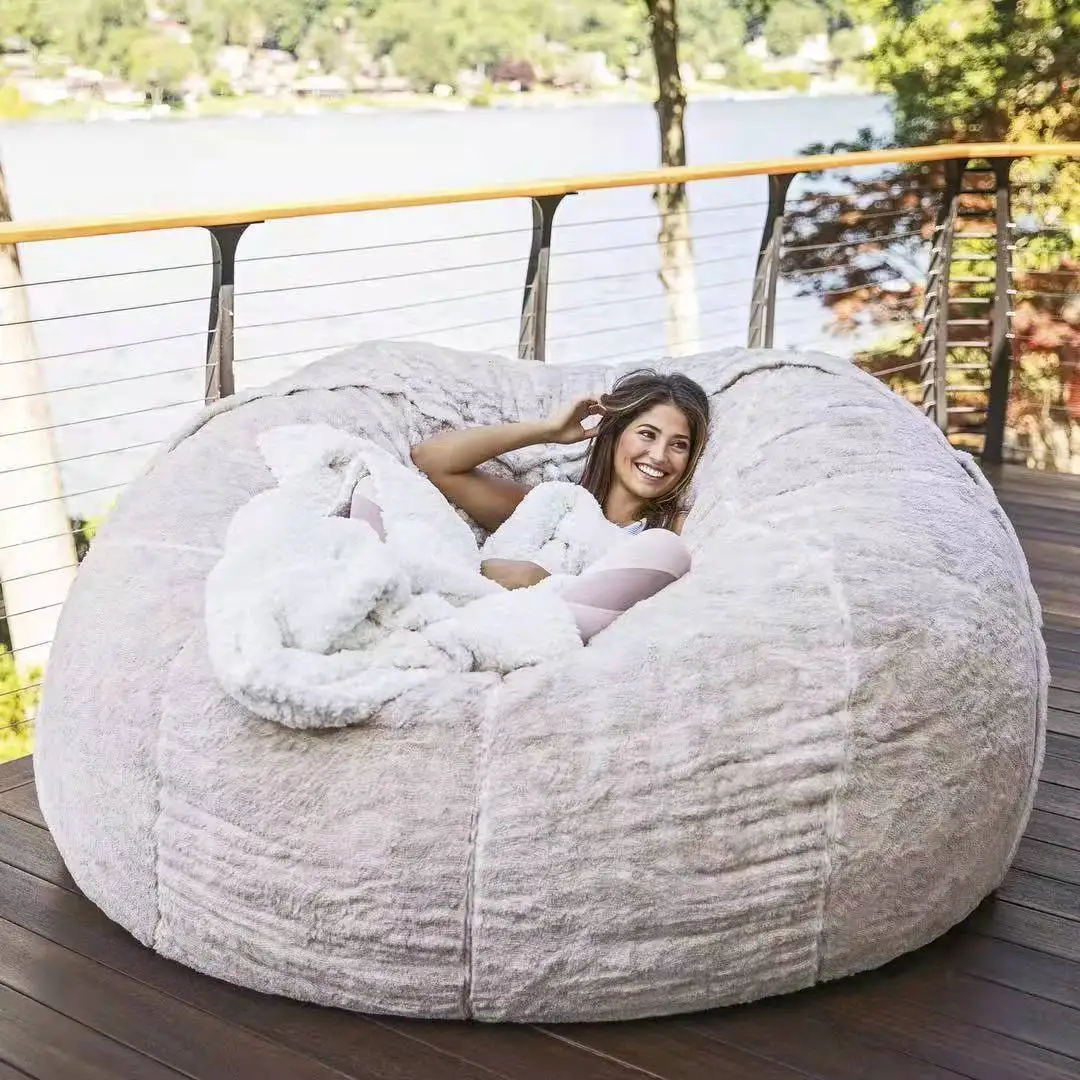 Dropshipping 5 Feet Giant Fur Bean Bag Cover Big Round Soft Fluffy Faux Fur BeanBag Lazy Sofa Bed Cover Living Room Furniture images - 6