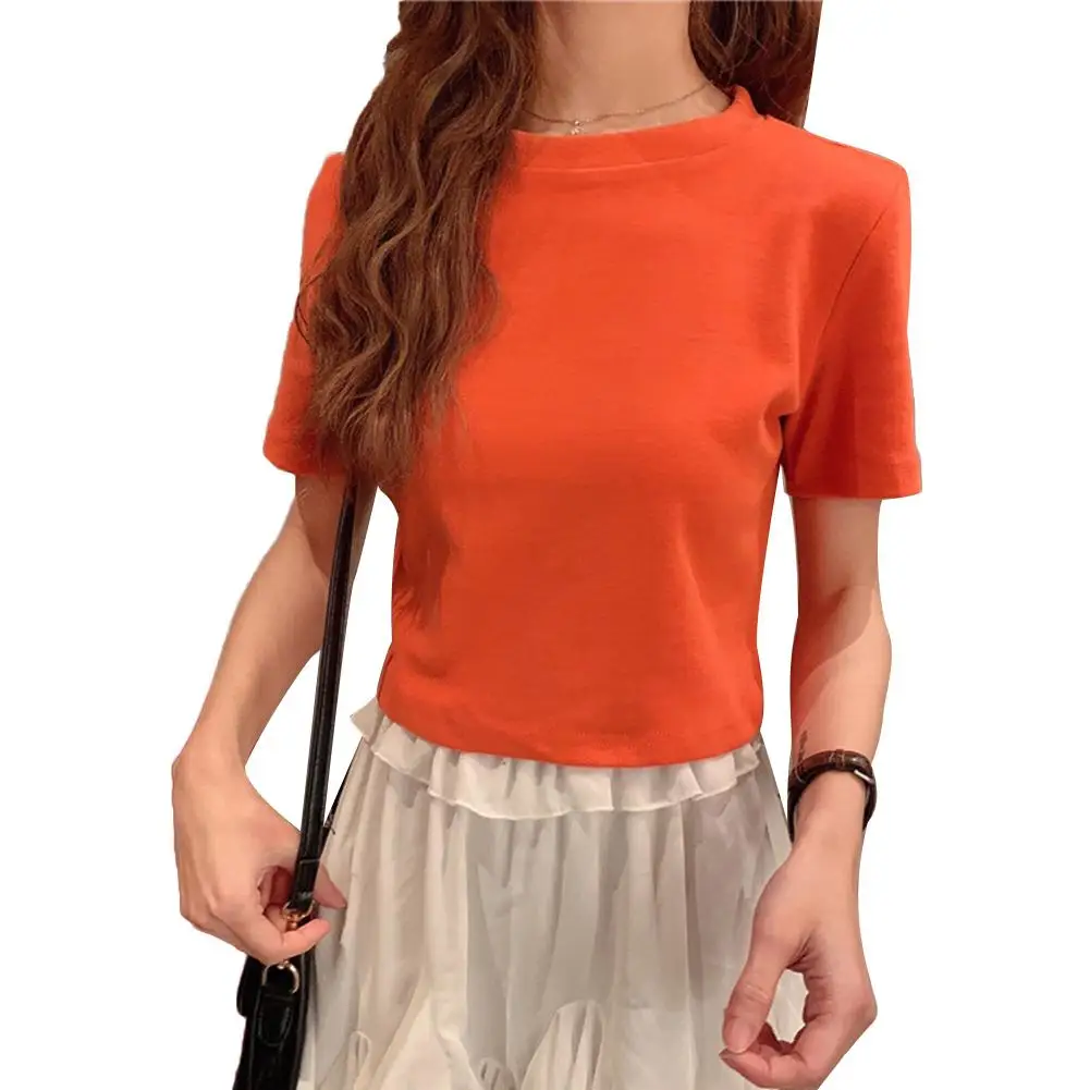 

Solid Color Women Short Sleeve Round Neck Loose Cotton T-shirt Crop Top Blouse