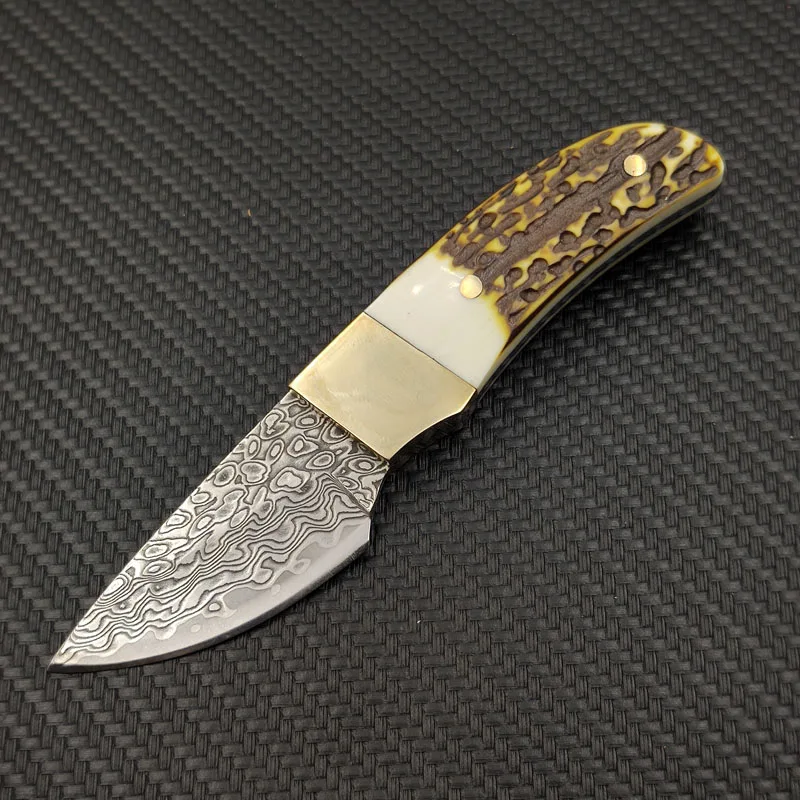

Handmade Damascus Steel Copper Antlers Outdoor Camping Knife Portable Survival Hunting knives EDC Fixed Blade Knife