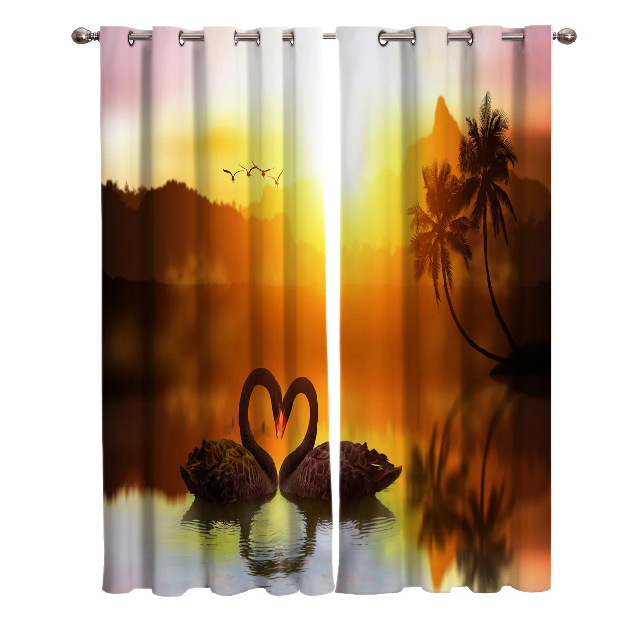 Закат Лебедь сердце любовь озеро красивые оконные шторы живописные для гостиной