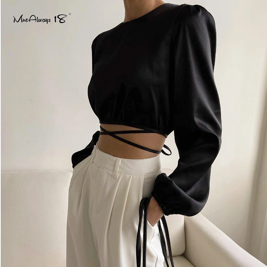 

Mnealways18 Lace-Up Backless Sexy Crop Top Women Satin Wrap Blouse Long Sleeve Cropped Shirts Lantern Sleeve Elegant Blouse Lady
