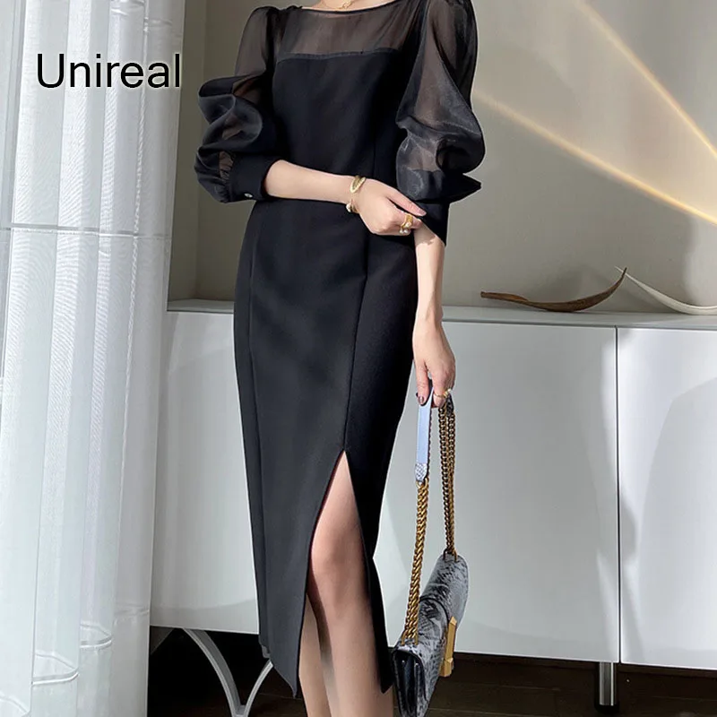 

Женское вечернее платье-карандаш средней длины Unireal, черное винтажное Сетчатое офисное платье с длинным рукавом, весна-осень 2022